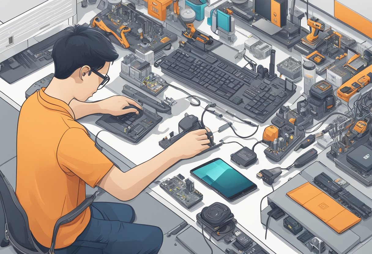 A technician at the Xiaomi service centre in Singapore is busy repairing electronic devices on a cluttered workbench. Tools and equipment are scattered around the area