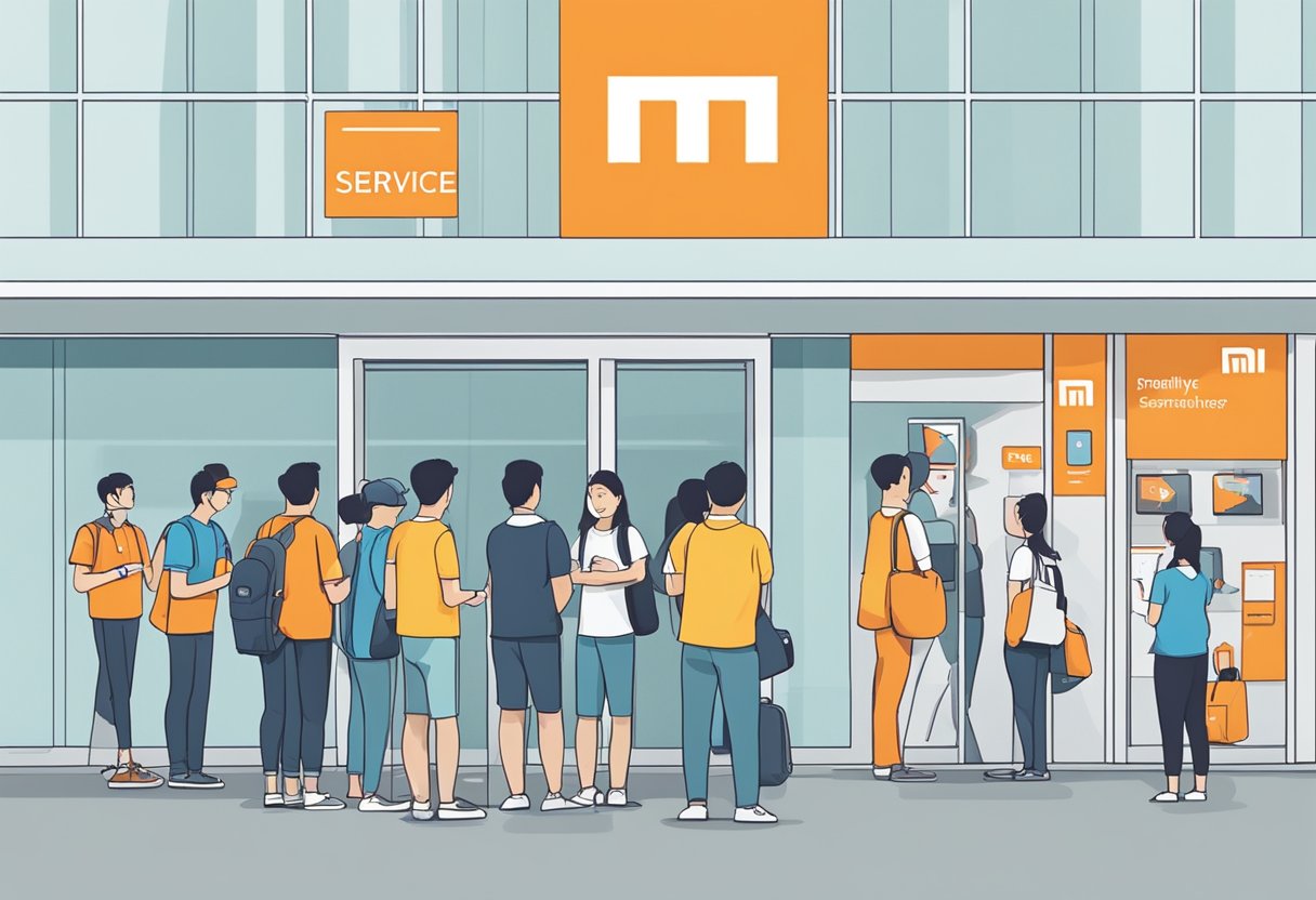 Customers lining up at the Xiaomi service centre in Singapore, with a prominent "Frequently Asked Questions" sign on the wall