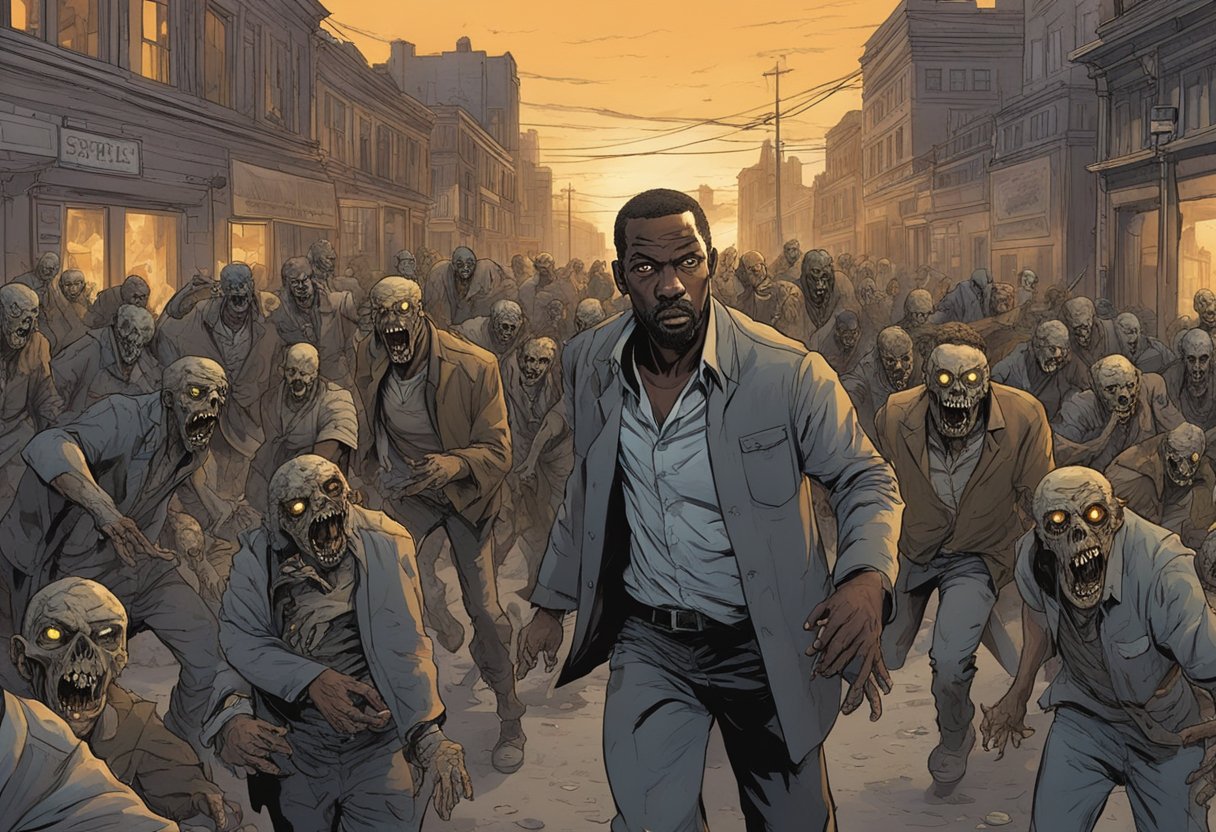 Morgan faces a horde of zombies in an abandoned city street, with buildings looming in the background. The undead stagger towards him, their decomposing bodies illuminated by the eerie glow of the setting sun