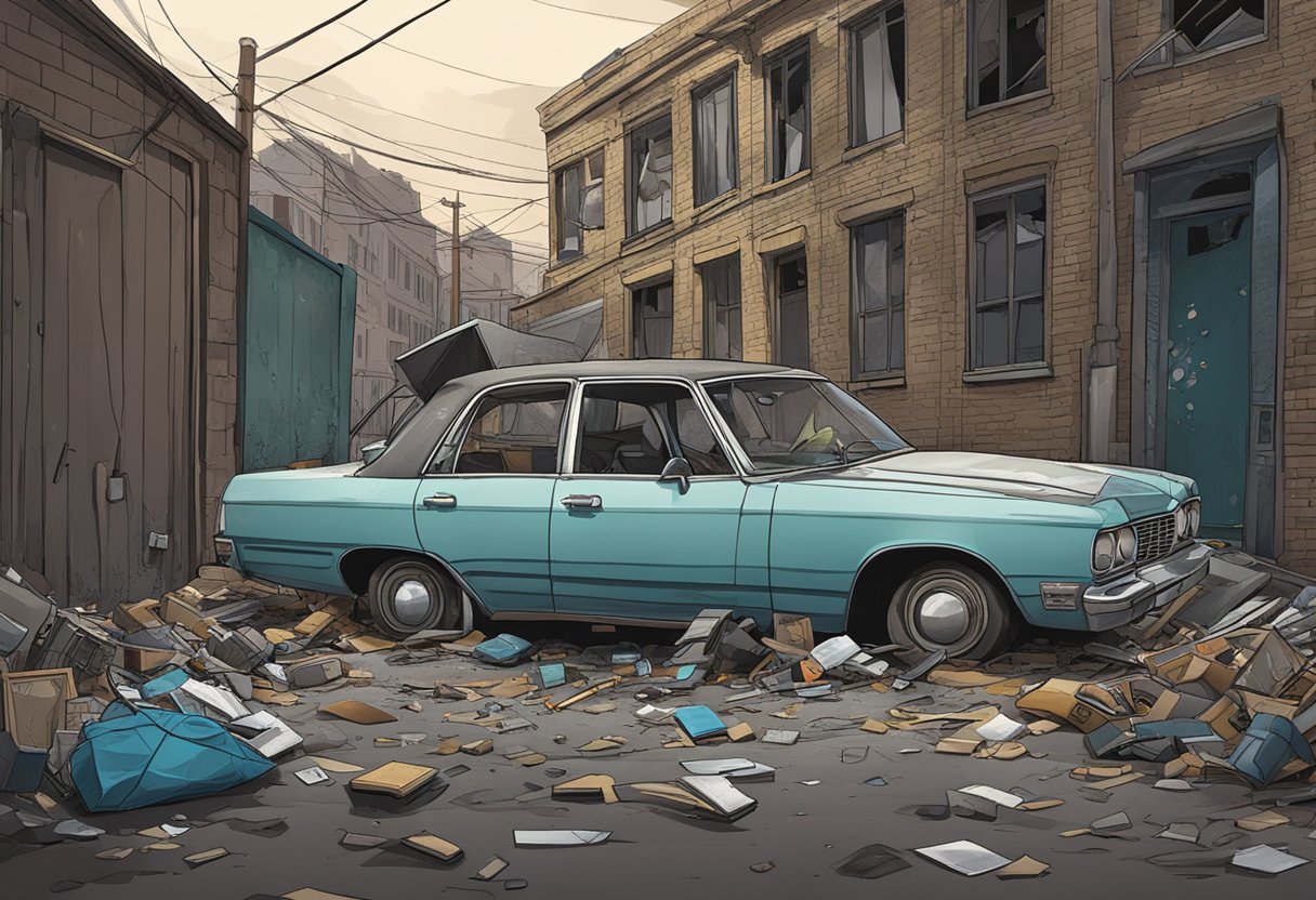 Nelson Thomas's abandoned car in a dark alley, with a shattered window and scattered personal items