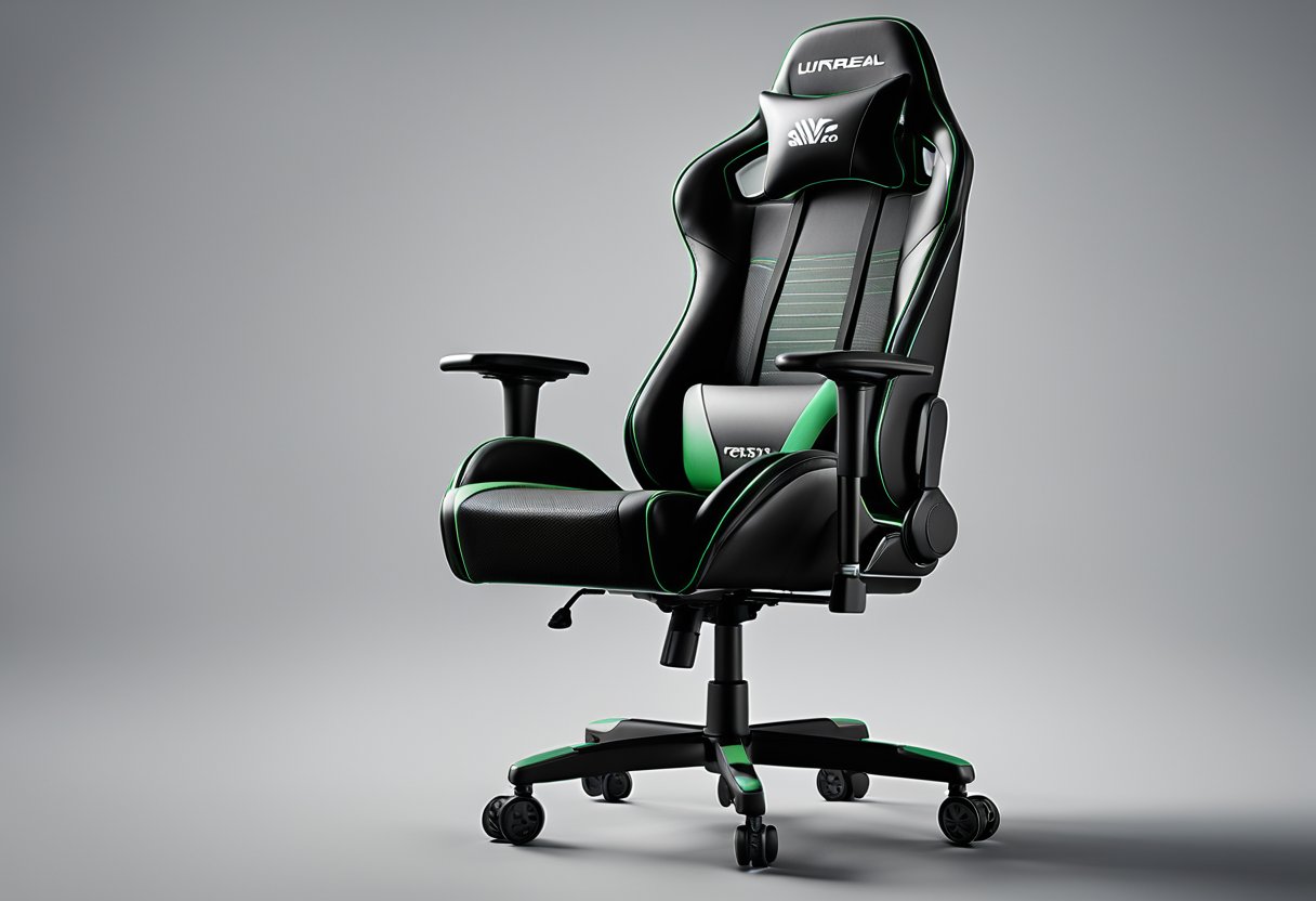 A gaming chair with adjustable features, including a reclining backrest, adjustable armrests, and a height-adjustable seat