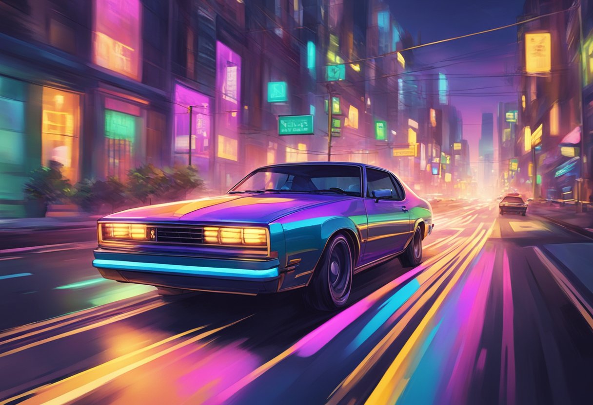 Leon's car speeds through city streets, narrowly avoiding obstacles. The neon lights of the city blur past as he races to escape pursuit