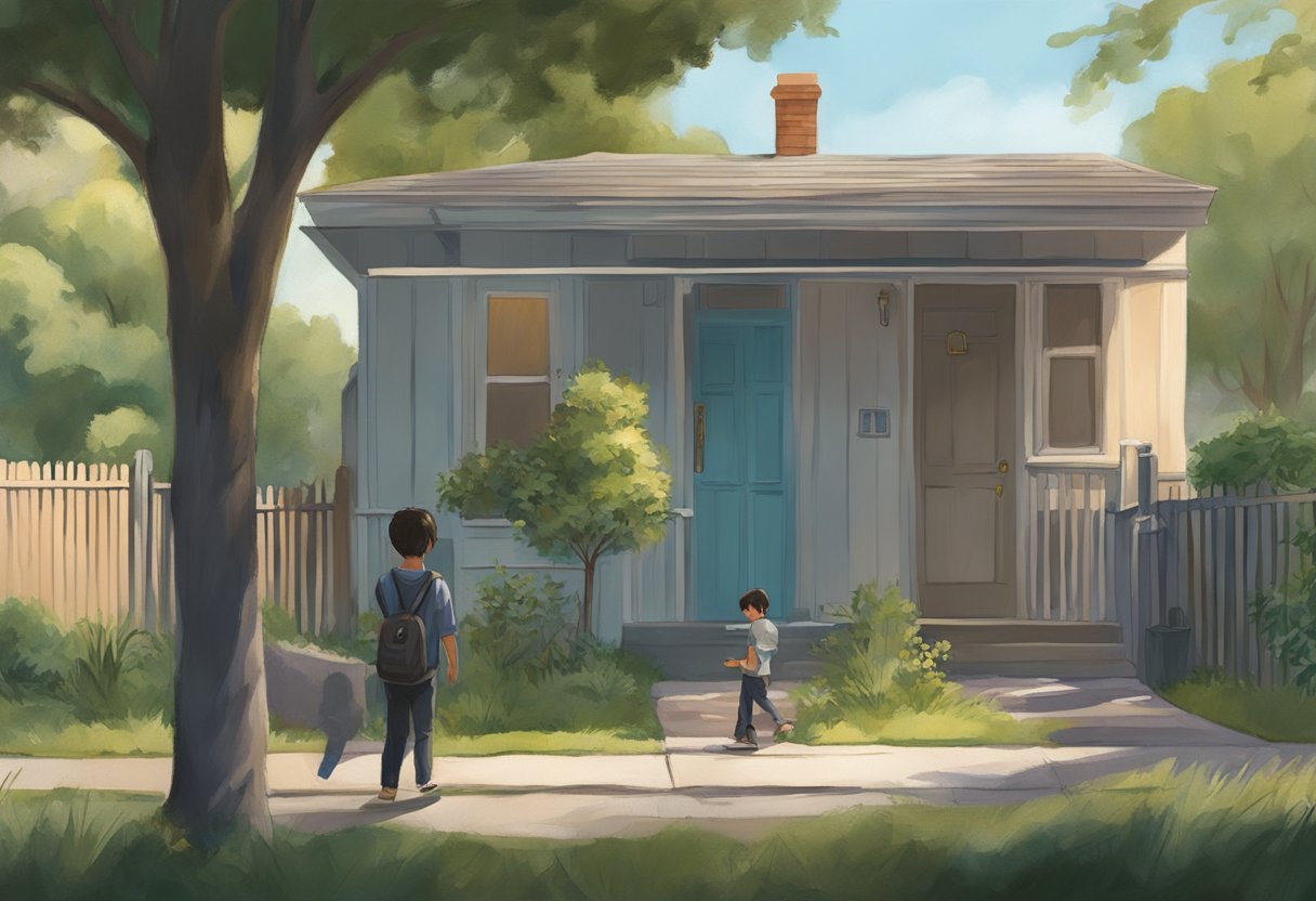 Keanu Reeves' childhood home, a modest apartment with a single mother working multiple jobs to support her son. A young Keanu playing alone in the park, surrounded by a sense of solitude and resilience