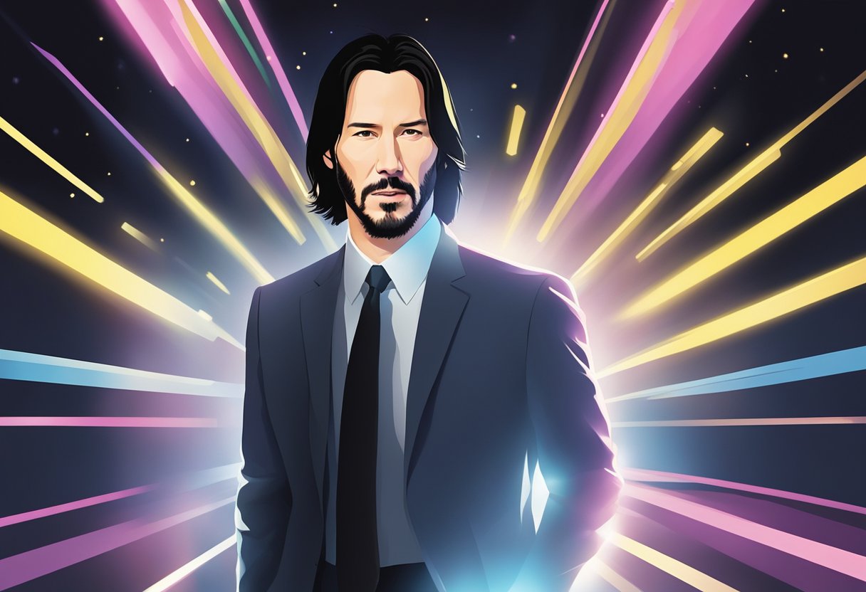 A spotlight shines on a figure emerging from darkness, symbolizing Keanu Reeves' breakthrough into stardom