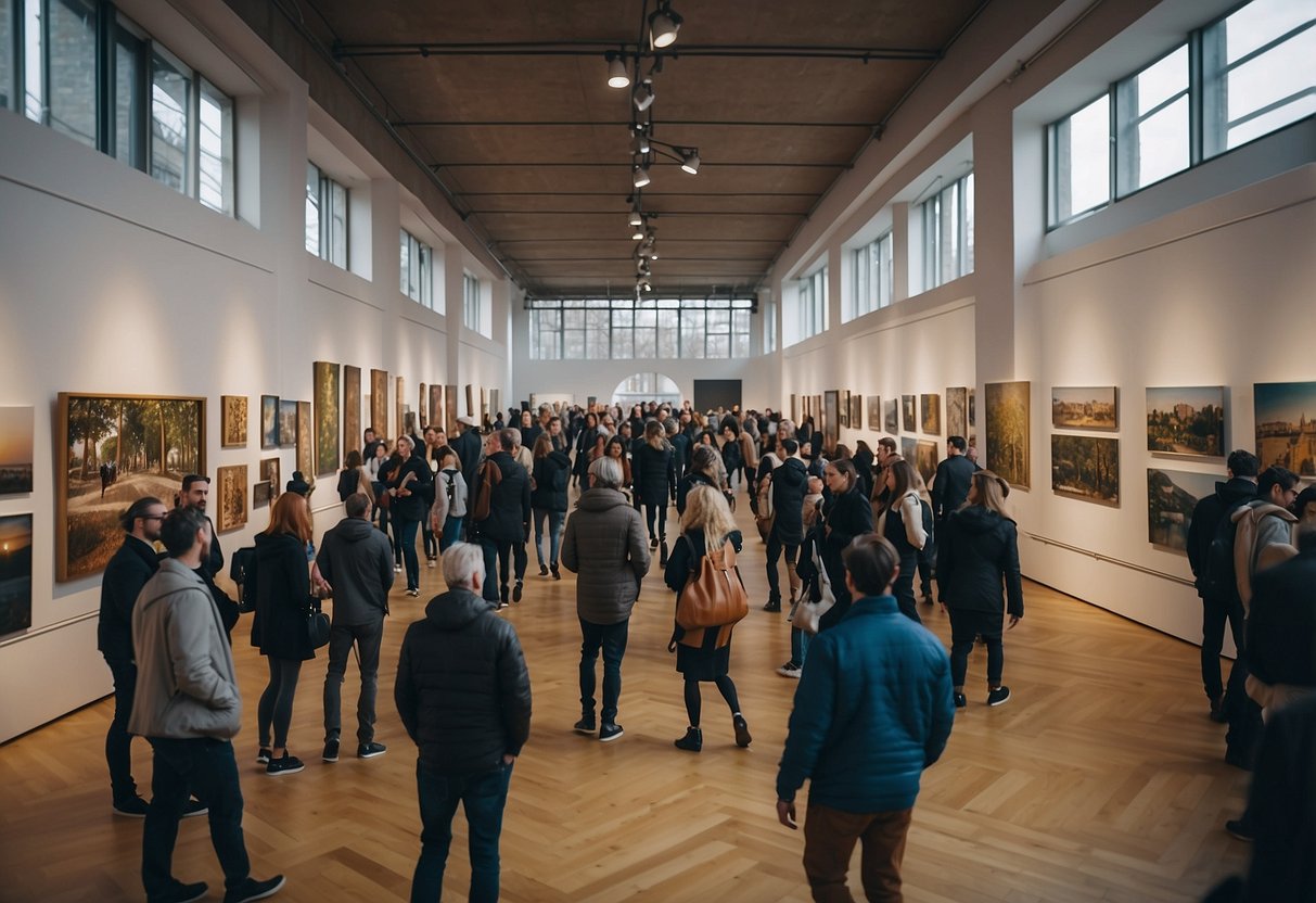 A bustling art gallery in Berlin showcases works by local artists, with prominent institutions like the Berlinische Galerie and KW Institute for Contemporary Art featured in the background