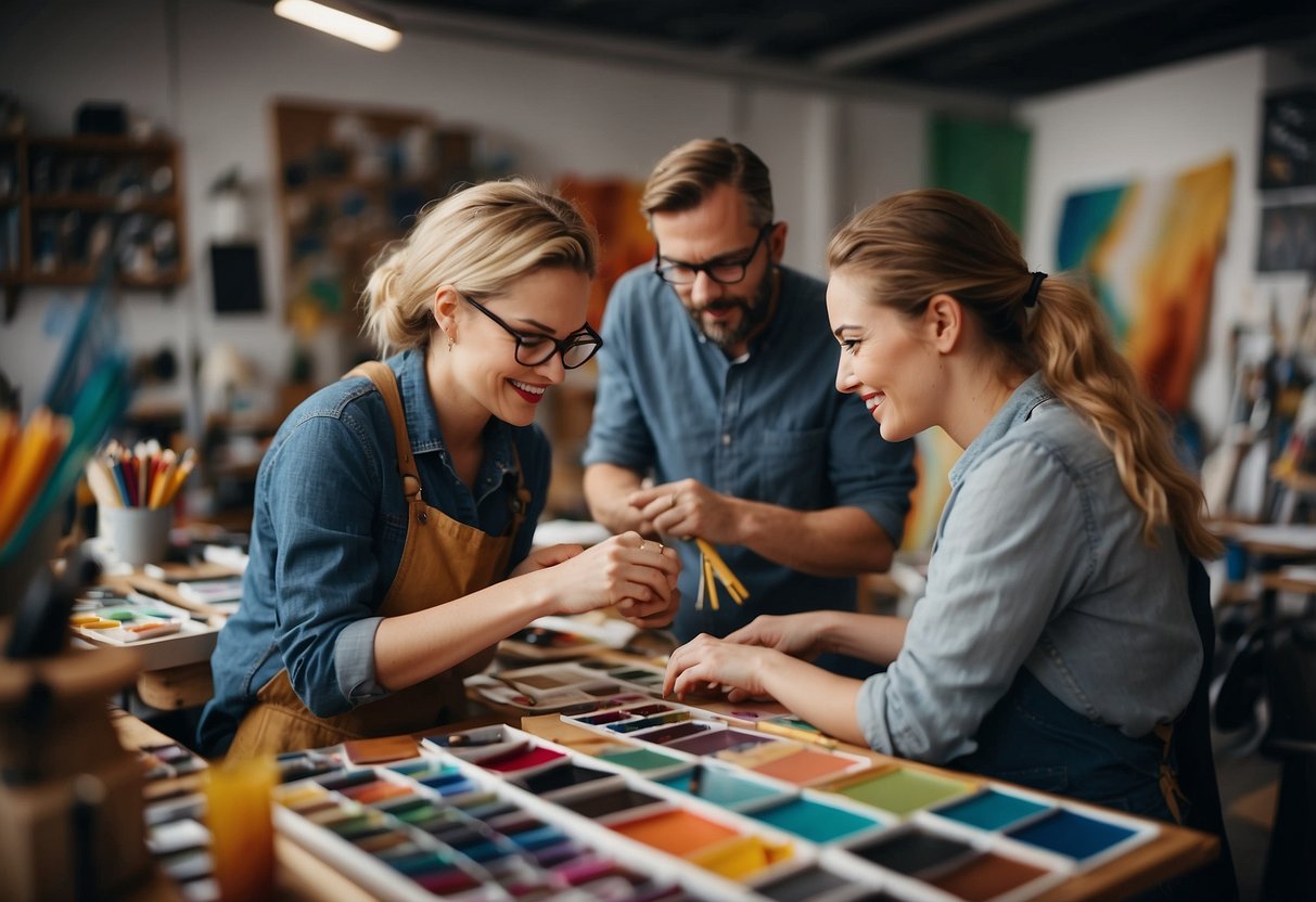 A group of artists from Berlin, Germany, gather in a vibrant studio, surrounded by colorful palettes and various art supplies. The room is filled with creativity and passion as they work on their latest projects