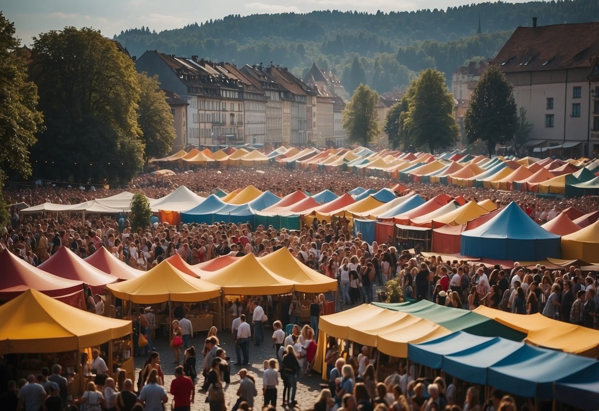 Colorful tents and stalls line the streets, filled with traditional German food and crafts. Music and laughter fill the air as people gather to celebrate cultural events and festivals in Germany