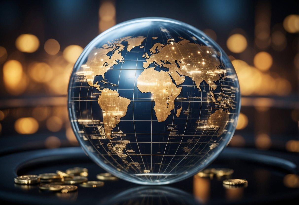 Cryptocurrencies impacting global economy: digital coins swirling around a globe, connecting continents, and influencing financial markets