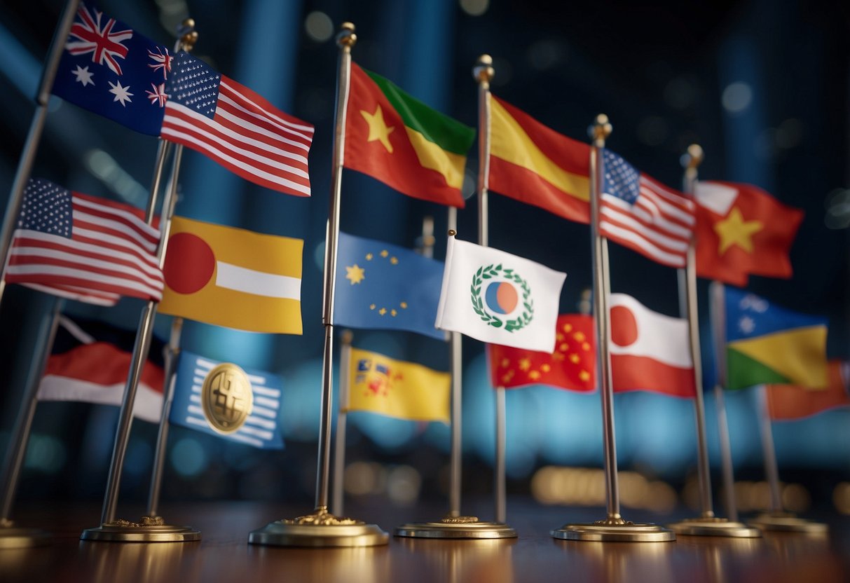 Various countries' flags wave outside a global financial conference. A diverse group of regulators discuss cryptocurrency regulations