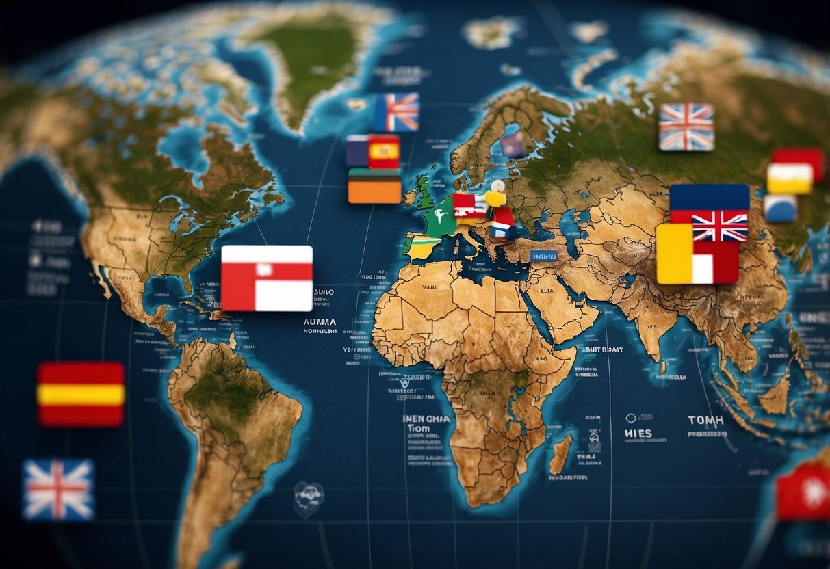 A global map with various countries' flags and regulatory symbols, representing different responses to cryptocurrency regulation