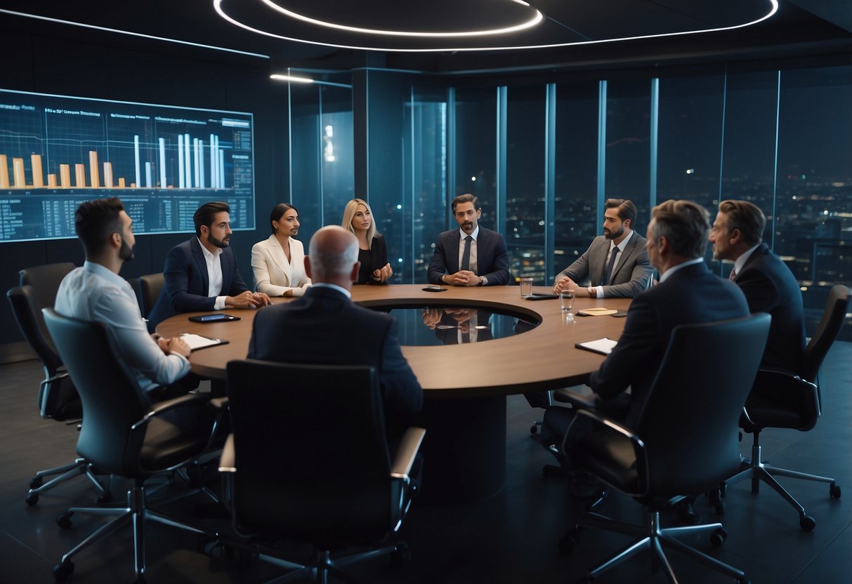 A diverse group of people from different countries discussing cryptocurrency regulation in a modern conference room