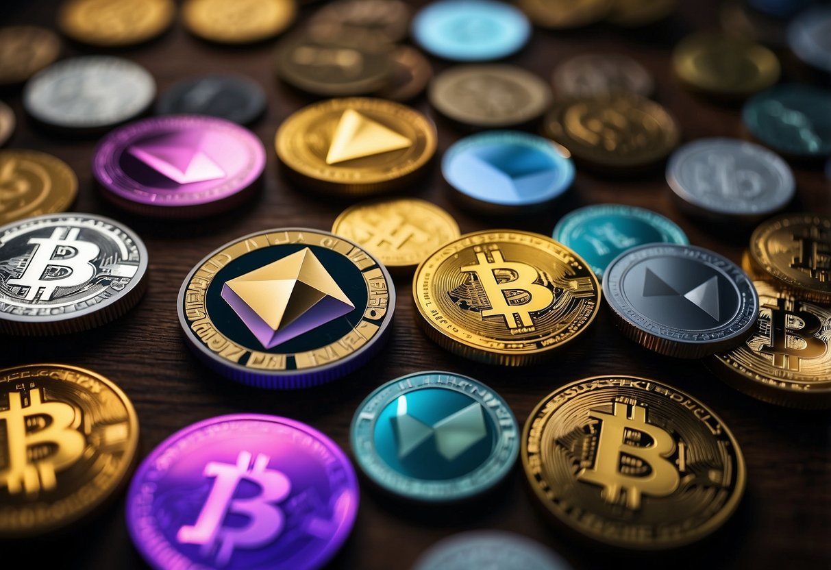 A colorful array of stablecoins, including USDT, USDC, and DAI, floating in a digital landscape, symbolizing stability and importance in the world of cryptocurrency