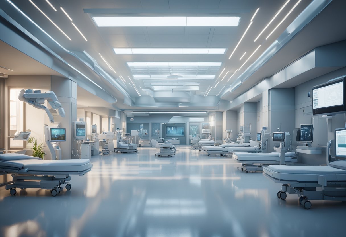 A futuristic hospital with AI-powered machines diagnosing patients and robots assisting medical staff