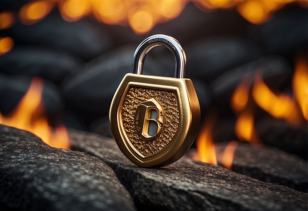 A padlock with a shield around it, surrounded by a wall of fire, symbolizing protection against hackers for crypto assets