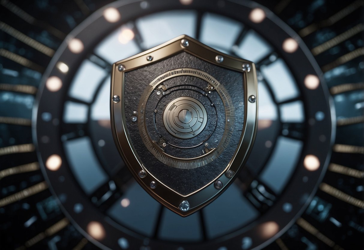 A shield surrounds a vault of digital assets, deflecting incoming cyber attacks