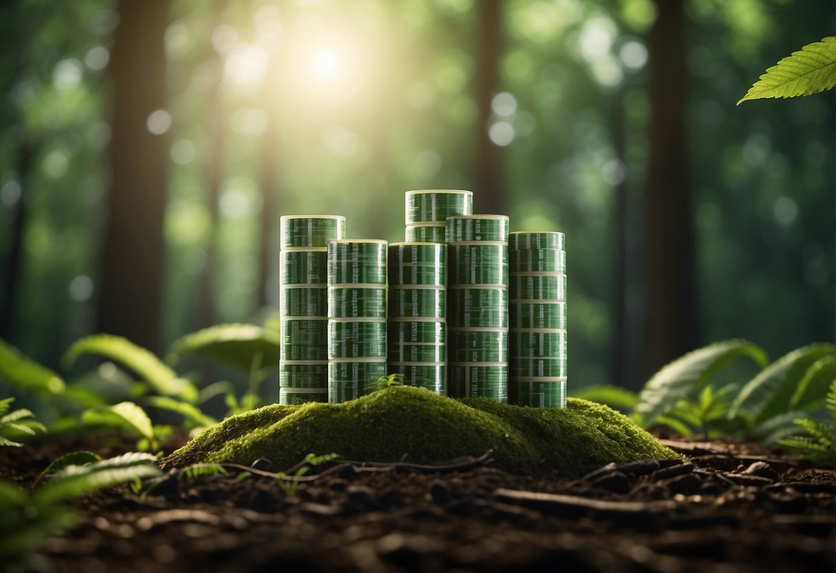 A lush green forest with digital currency symbols floating above, while renewable energy sources power nearby mining operations