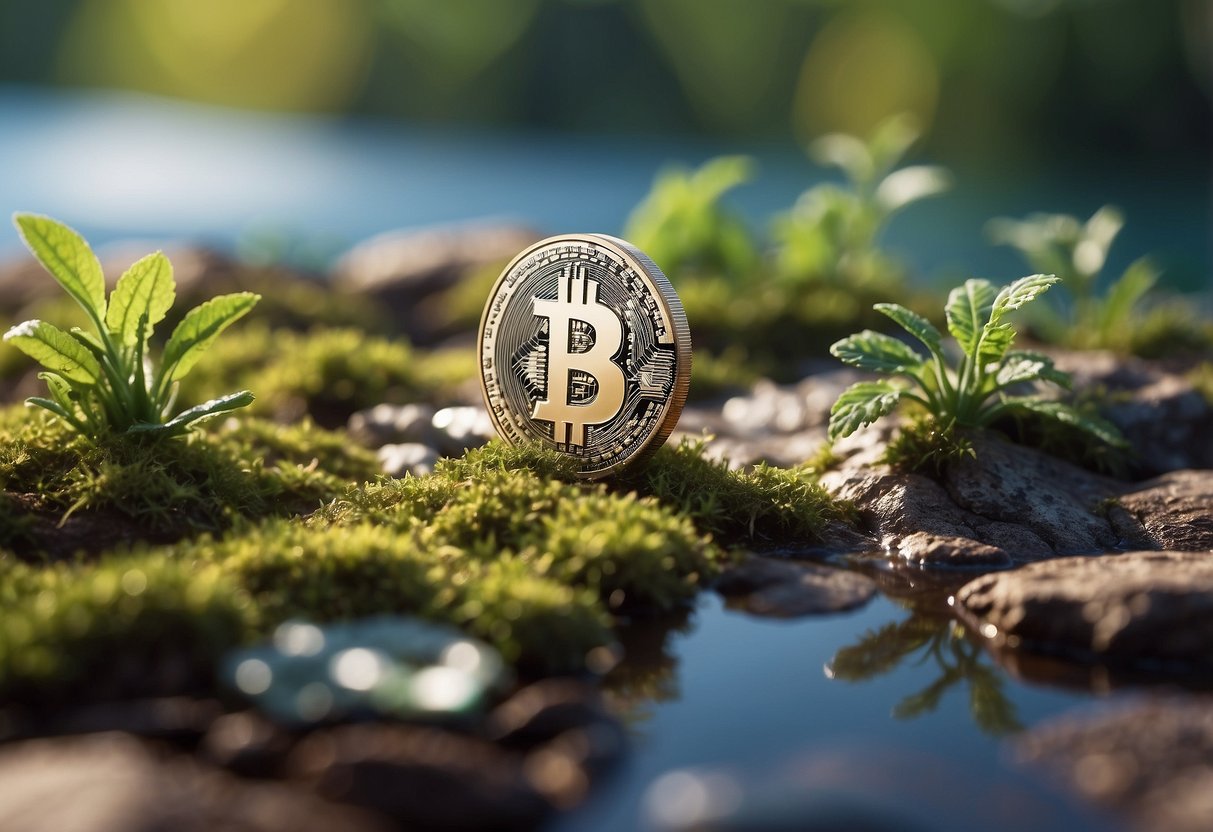 A digital currency symbol surrounded by images of nature and renewable energy sources, representing the environmental impact and sustainability challenges of cryptocurrencies