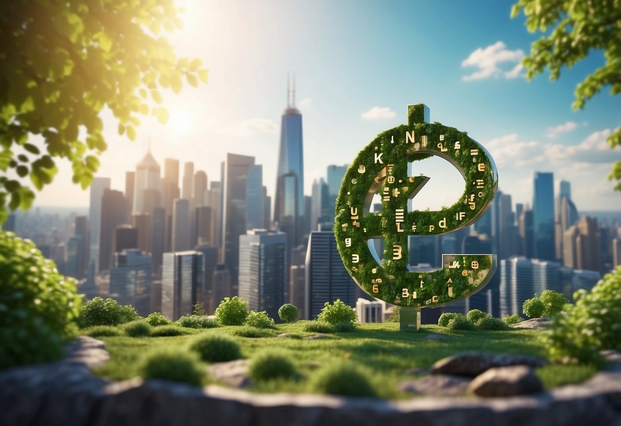 A vibrant city skyline with digital currency symbols floating above, surrounded by green energy sources and sustainable infrastructure