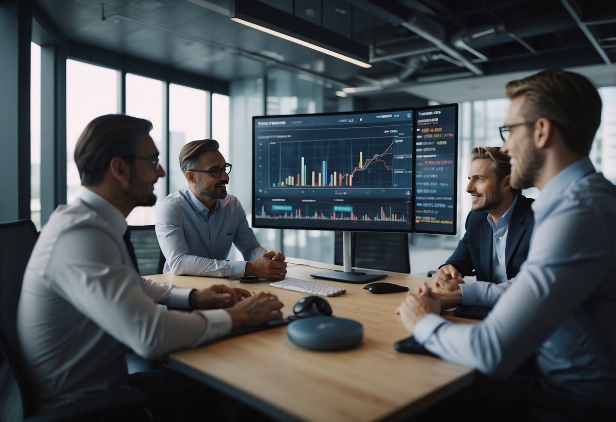 A group of investors discussing ICO, IEO, and STO in a modern office setting, with charts and graphs displayed on a large screen