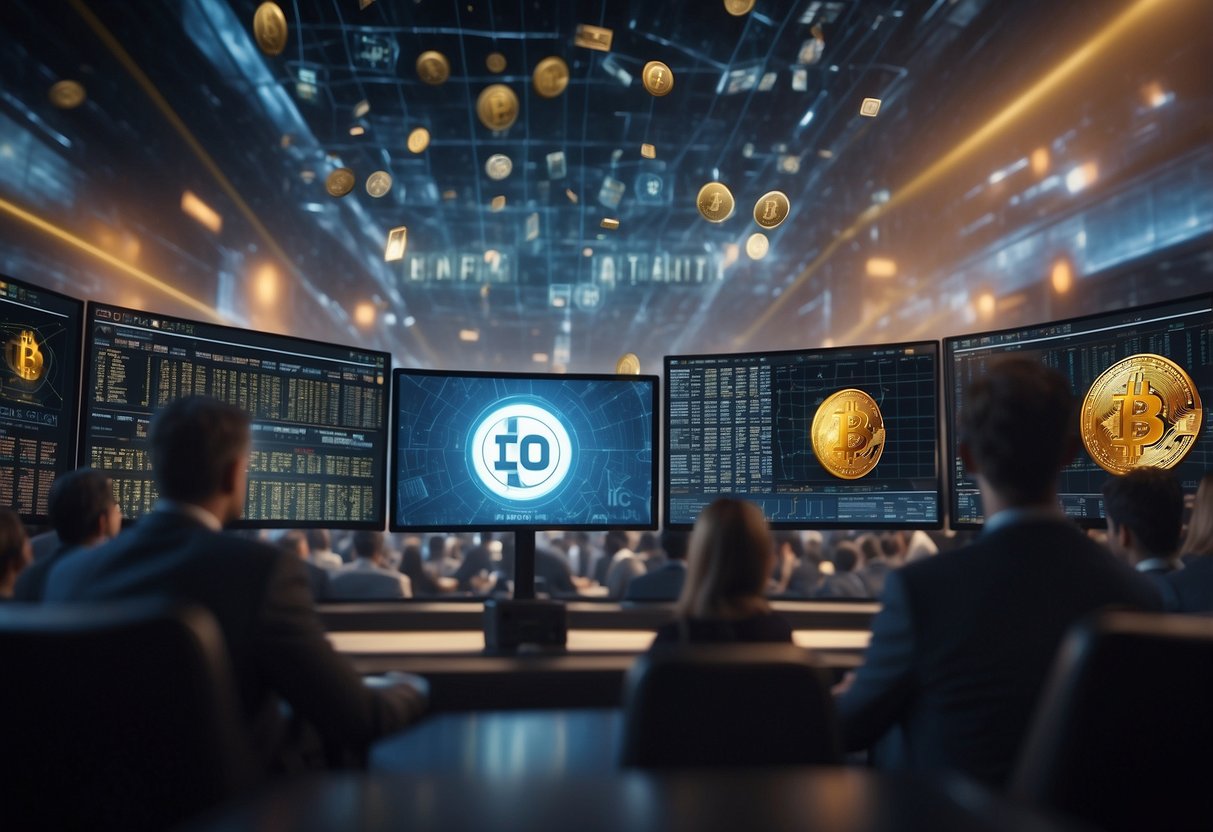 A crowd of investors eagerly participating in ICO, IEO, and STO, with cryptocurrency symbols and funding charts in the background