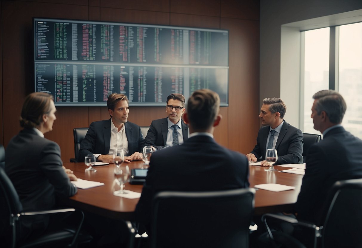 A group of financial regulators discussing ICO, IEO, and STO security measures in a boardroom setting