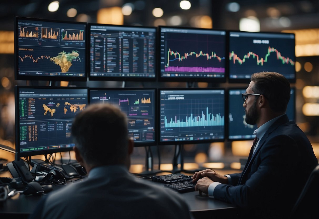 A crowded digital marketplace with various cryptocurrency logos and trading charts displayed on large screens. Traders are busy exchanging currencies and discussing market trends