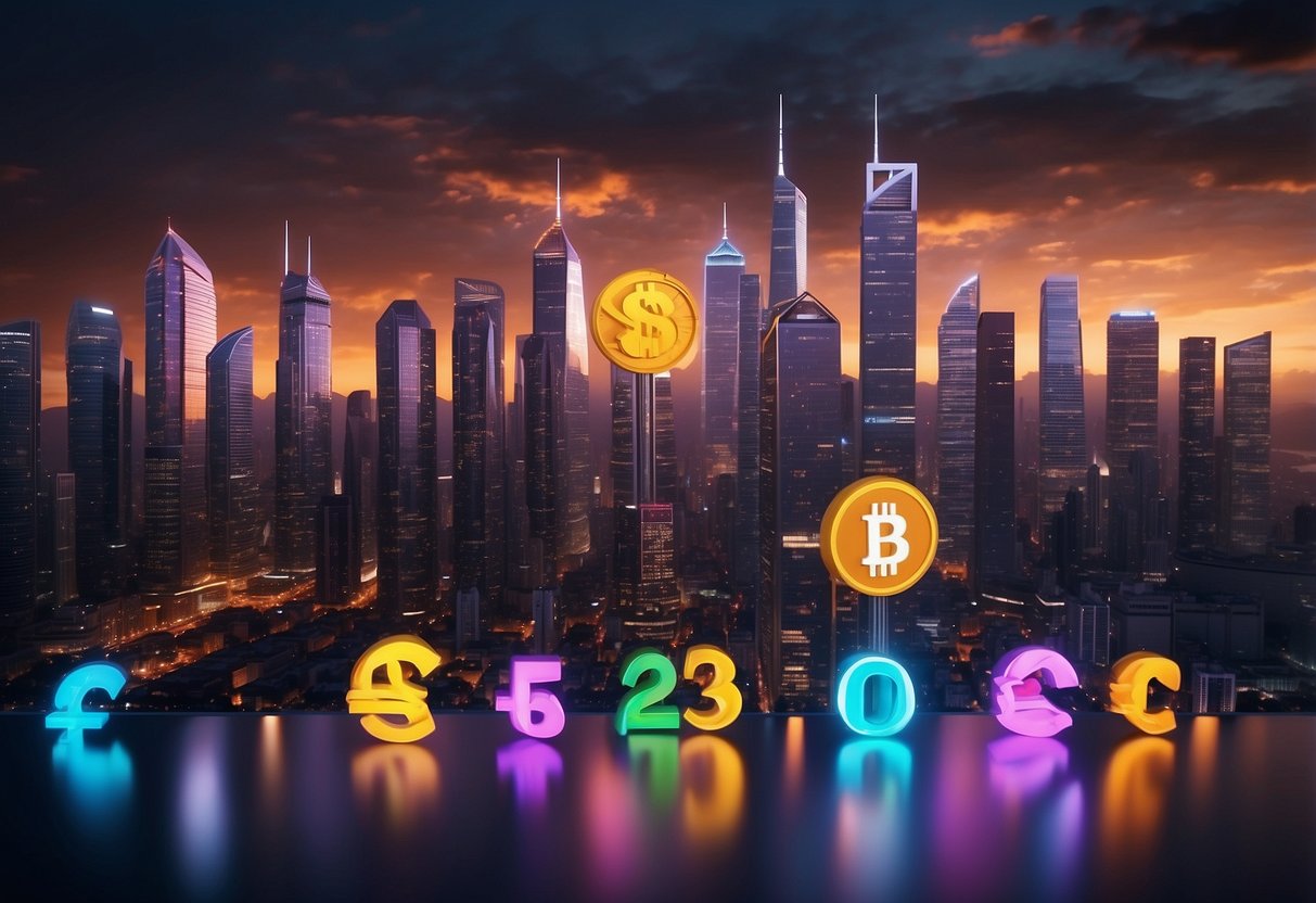 A futuristic city skyline with digital currency symbols floating above the skyscrapers, glowing with vibrant colors