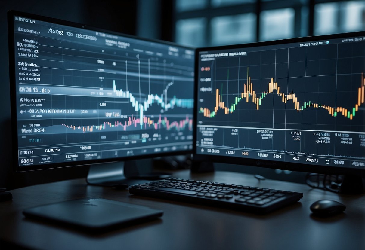 A computer screen displaying cryptocurrency price charts and financial analysis tools