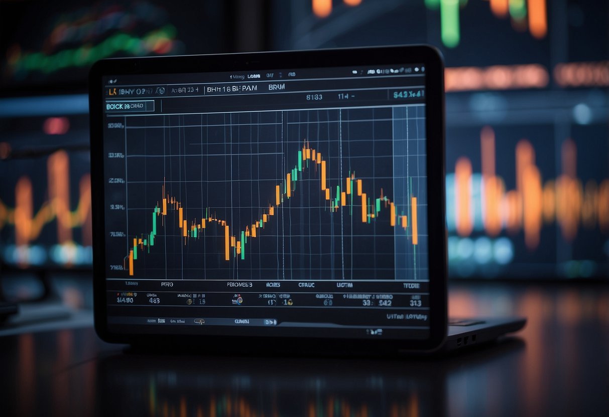 A candlestick chart overlaid with financial indicators, with a background of cryptocurrency logos and market data