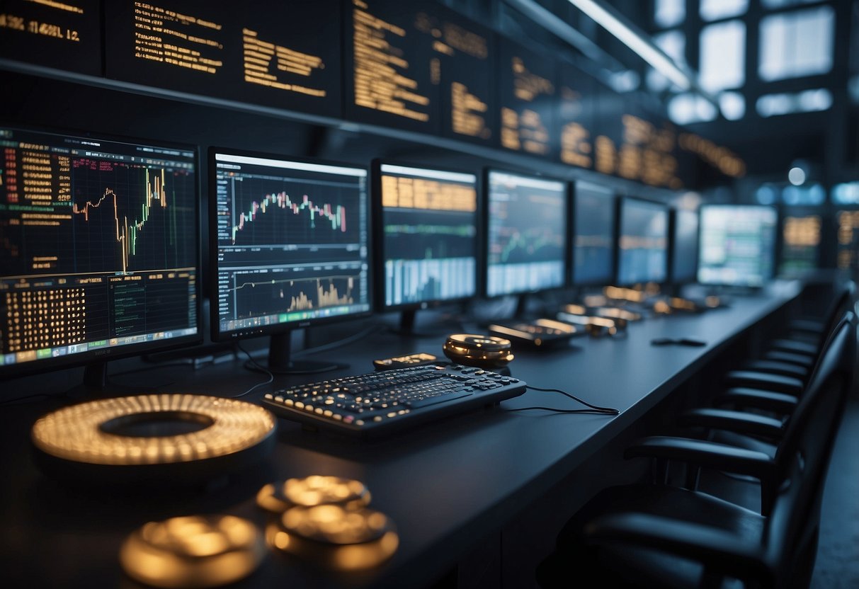 Cryptocurrency market impact: A bustling trading floor, digital currency charts, and a decentralized economy symbolized by interconnected nodes and nodes