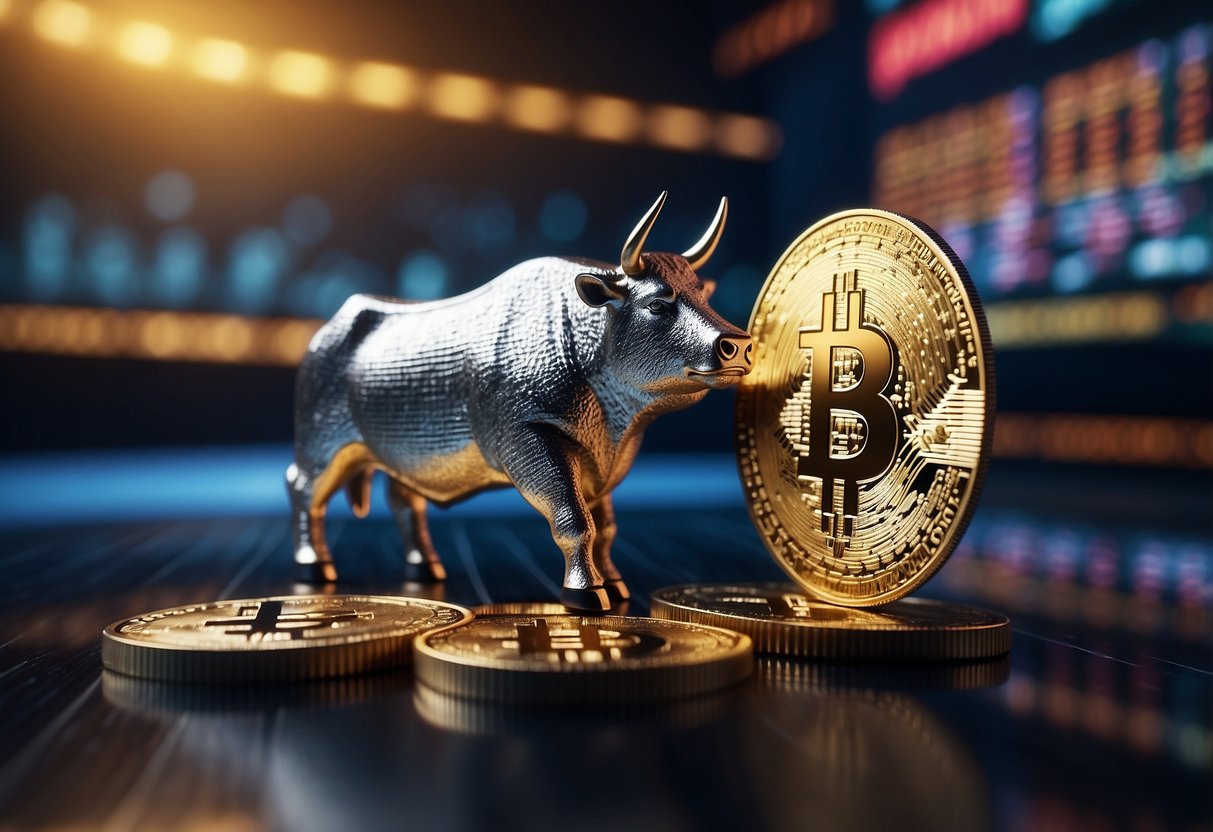 Cryptocurrency's impact on traditional financial markets: a bull and bear facing off, with digital currency symbols and stock market graphs in the background