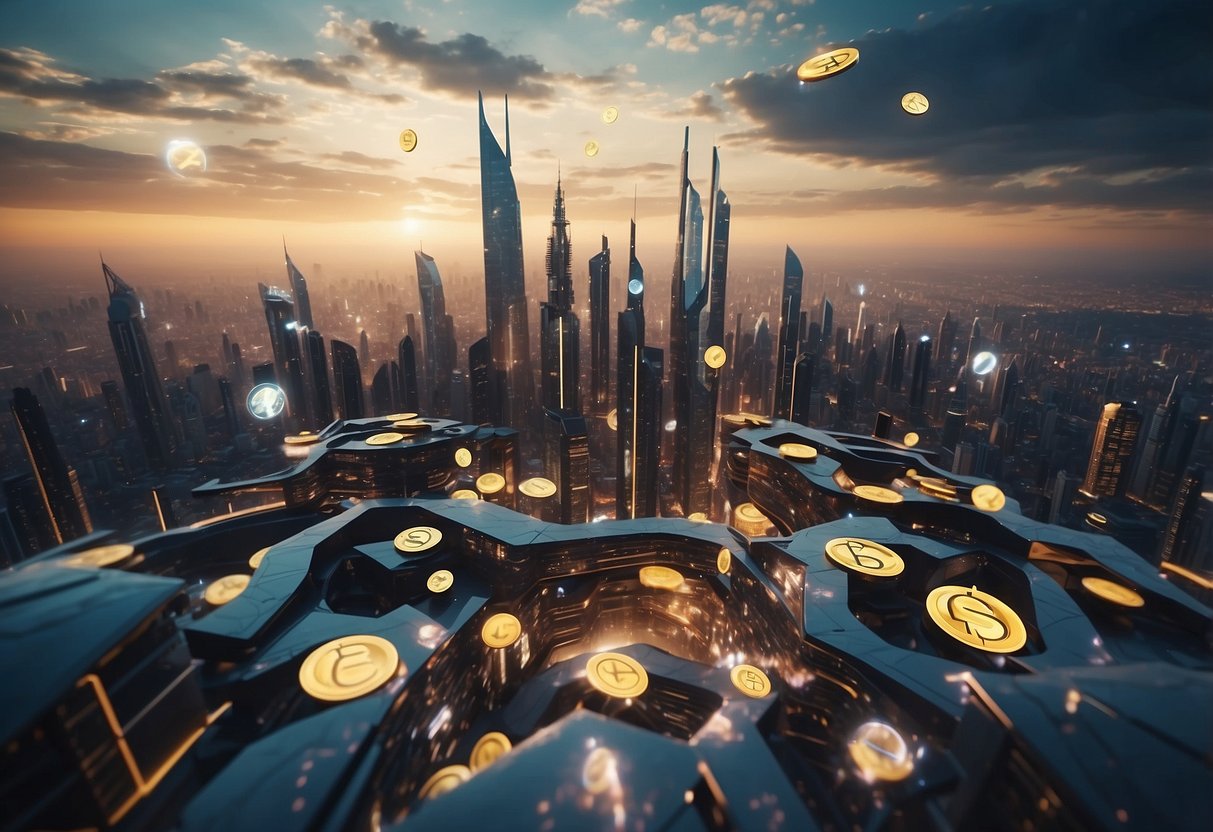 A futuristic cityscape with digital currency symbols floating in the air, surrounded by advanced technology and futuristic architecture