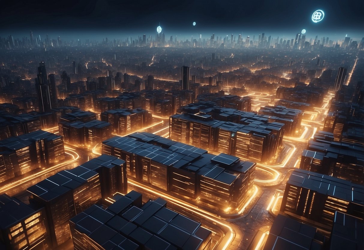 A futuristic cityscape with digital currency symbols floating above buildings, connected by glowing blockchain pathways