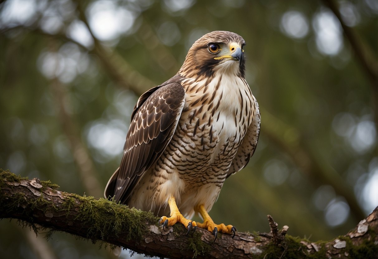 A hawk perched on a tree branch, mouth open, emitting a piercing screech. Its wings are slightly spread, and its eyes are focused intently on something below