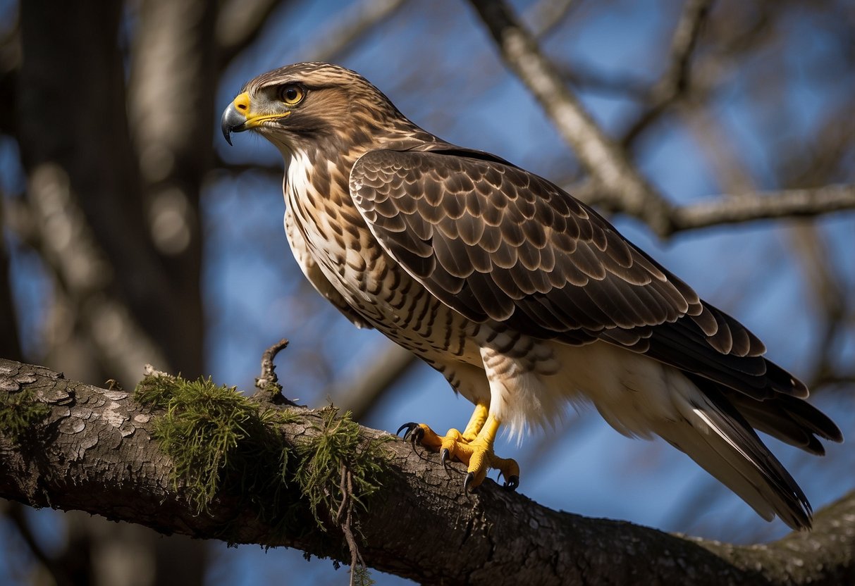 A hawk perched on a tree branch, mouth open, emitting a piercing screech. Surrounding environment suggests a natural, outdoor setting