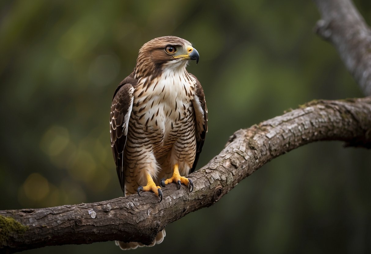 A hawk perched on a branch, mouth open in a screeching call, with its sharp eyes fixed on the horizon