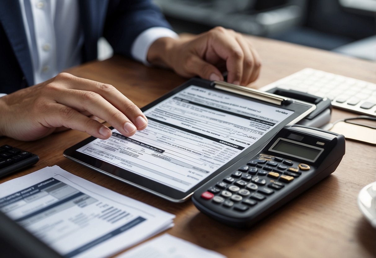 A person filling out a tax form, with a computer screen open to a cryptocurrency exchange website, and a calculator on the desk