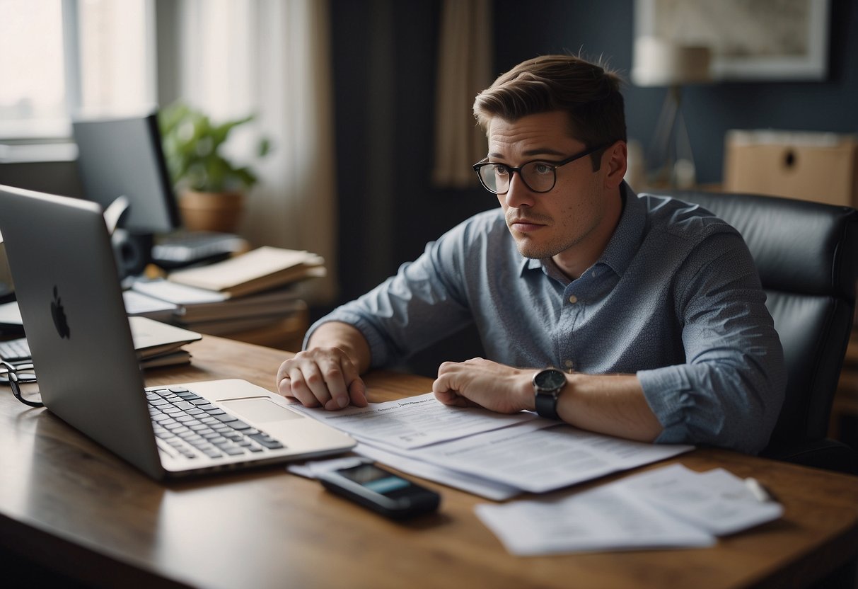 A person researching cryptocurrency tax laws, surrounded by tax forms and a computer, with a confused expression