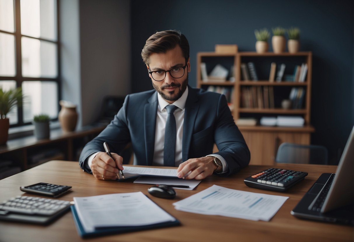 A person sitting at a desk with a laptop, surrounded by paperwork and financial documents. A calculator and pen are on the desk, and a tax form for declaring cryptocurrency is being filled out