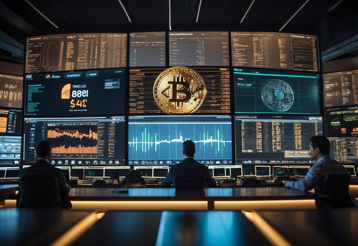 Cryptocurrency's impact on emerging markets: bustling stock exchanges, rising digital currency values, and tech-savvy investors navigating volatile markets