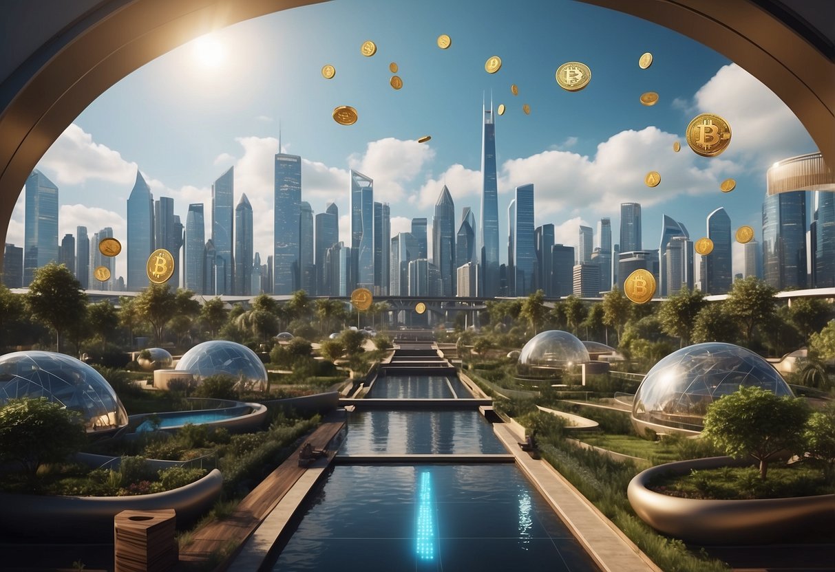 Cryptocurrencies and Financial Inclusion: A futuristic city skyline with digital currency symbols floating above diverse communities