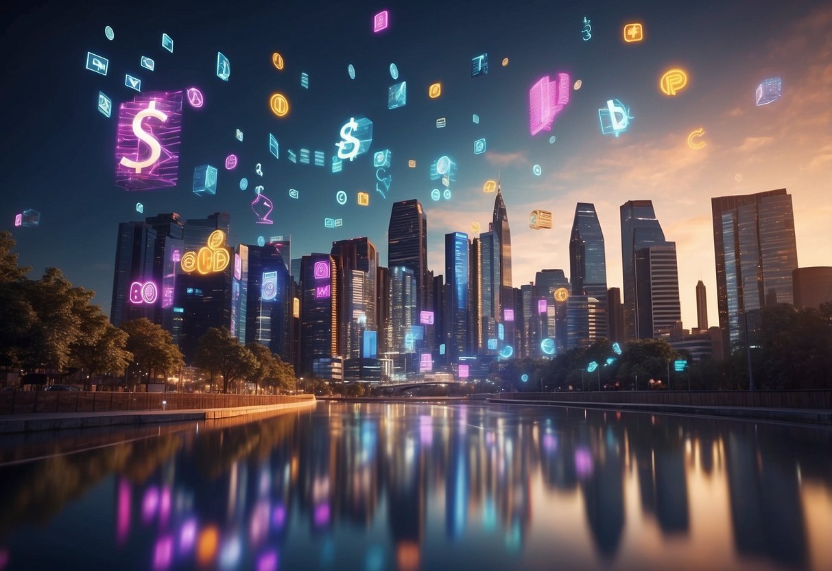 A vibrant cityscape with digital currency symbols floating above buildings, representing the rise of cryptocurrencies and financial inclusion through blockchain technology