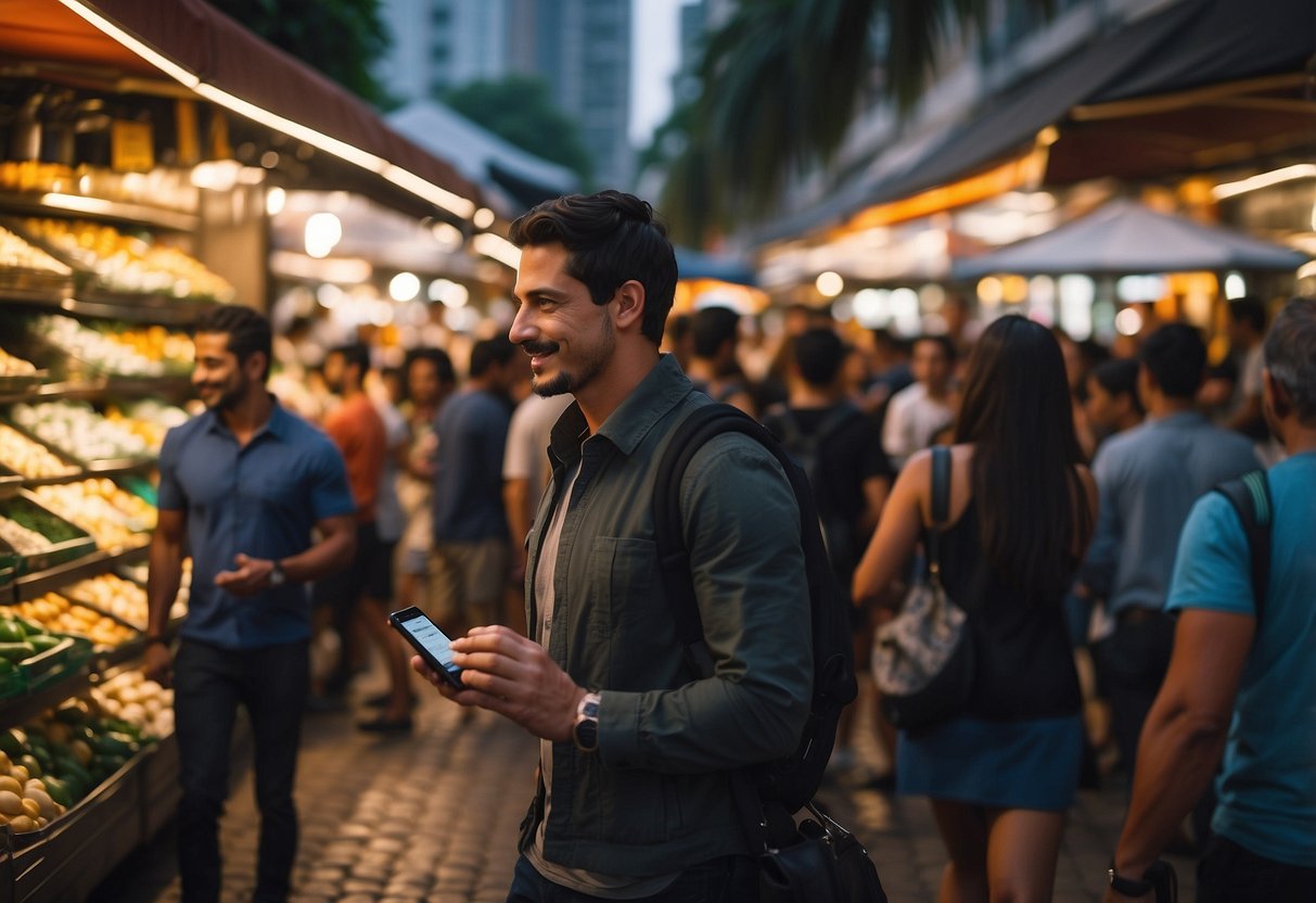 Cryptocurrencies and Financial Inclusion in Brazil: A bustling marketplace with people of diverse backgrounds using digital wallets and exchanging cryptocurrencies