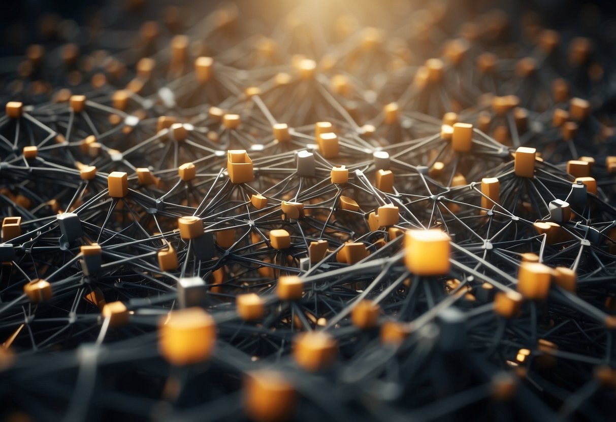 A network of interconnected blocks grows in size, facing challenges of scalability