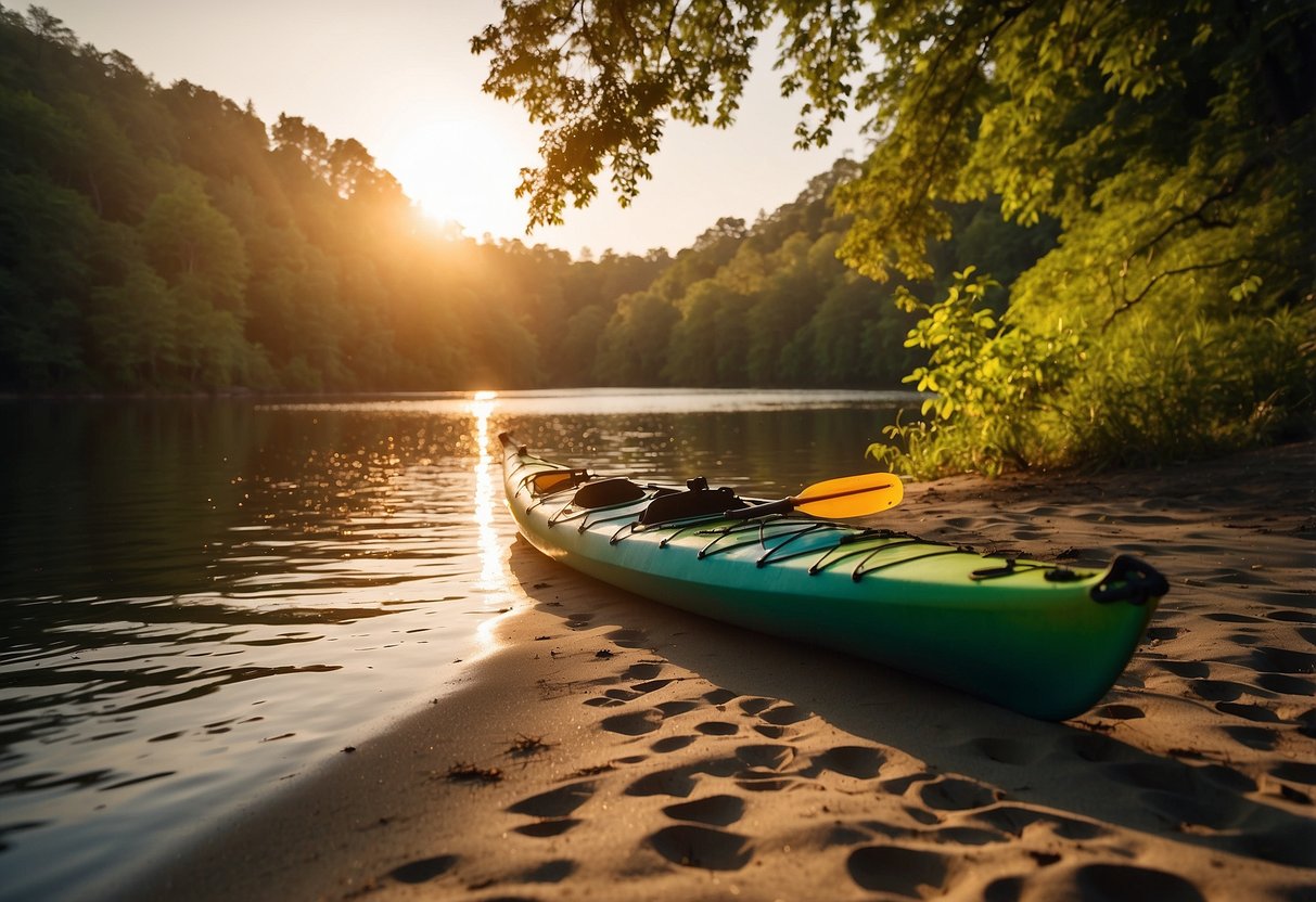 A kayak loaded with camping gear sits on a sandy beach, surrounded by lush green trees and a calm, glistening river. The sun is setting, casting a warm glow over the scene