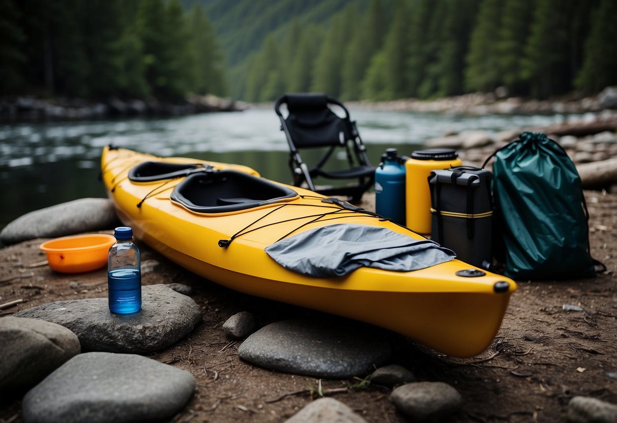 A kayak loaded with camping gear: tent, sleeping bag, cooking stove, food supplies, water bottles, and a map in a waterproof bag