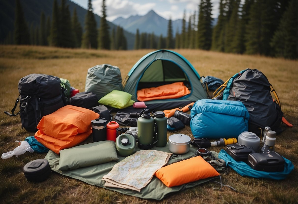A pile of camping gear including a kayak, tent, sleeping bag, cooking supplies, and a map laid out on the ground, ready to be packed into a backpack for a journey