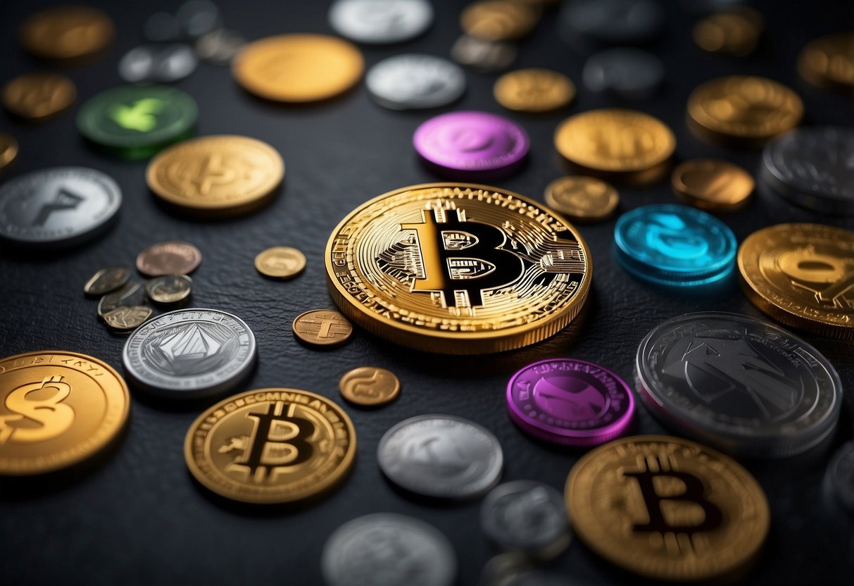 A group of different cryptocurrencies and tokens arranged in a visual comparison chart, with clear labels and distinct characteristics highlighted