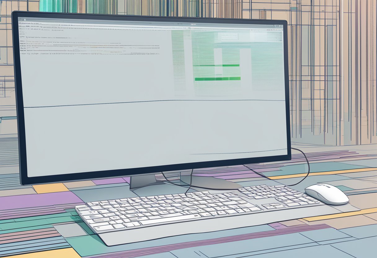 A computer screen displaying lines of code with a keyboard and mouse nearby