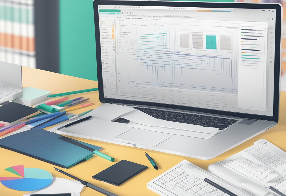 A computer screen displaying lines of code with a web page design in progress, surrounded by design tools and customization options